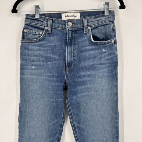 Reformation Hepburn High Rise Jeans Skinny Jeans Distressed Rainier Blue Size 26 - Picture 9 of 13